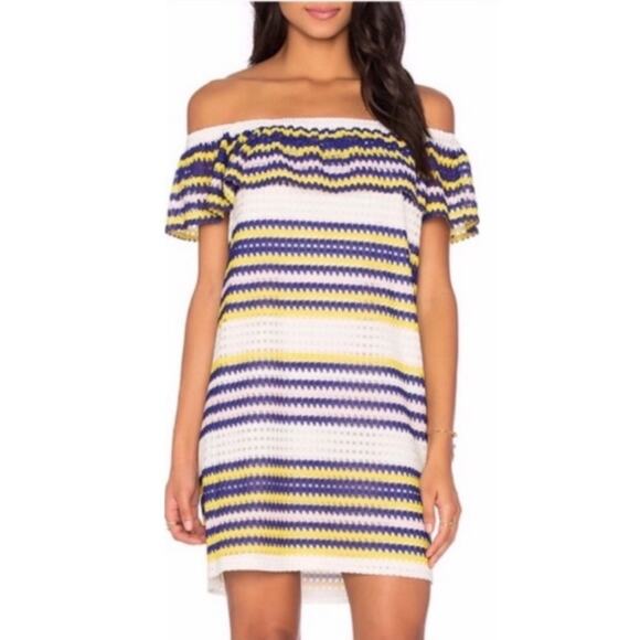 1.STATE Dress Purple White Yellow Striped Off Shoulder Knit Crochet Ruffle Mini - Picture 5 of 11